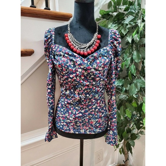 Shein Blue Floral Women's Polyester Long Sleeve Sweatheart Neck Casual Blouse - Picture 1 of 7